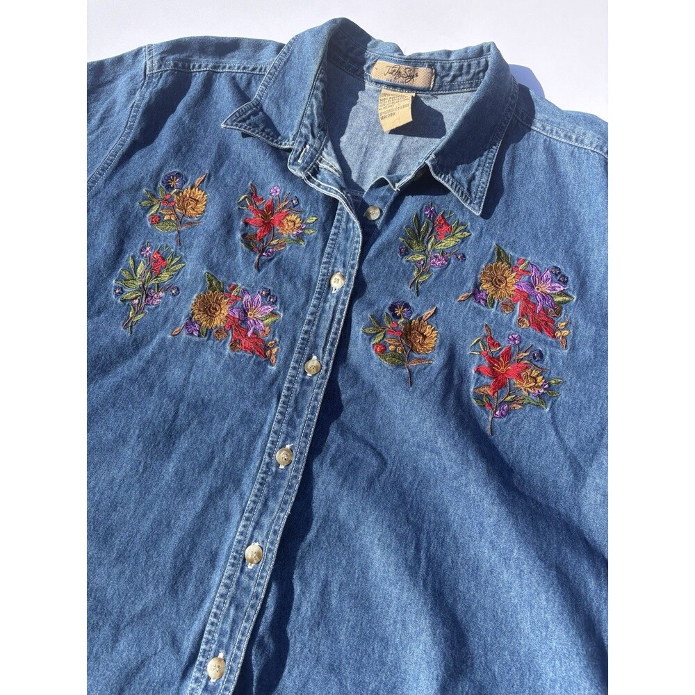 Just My Size Women's Short Sleeve Denim Top 18W 20W Floral Vintage Cottage core